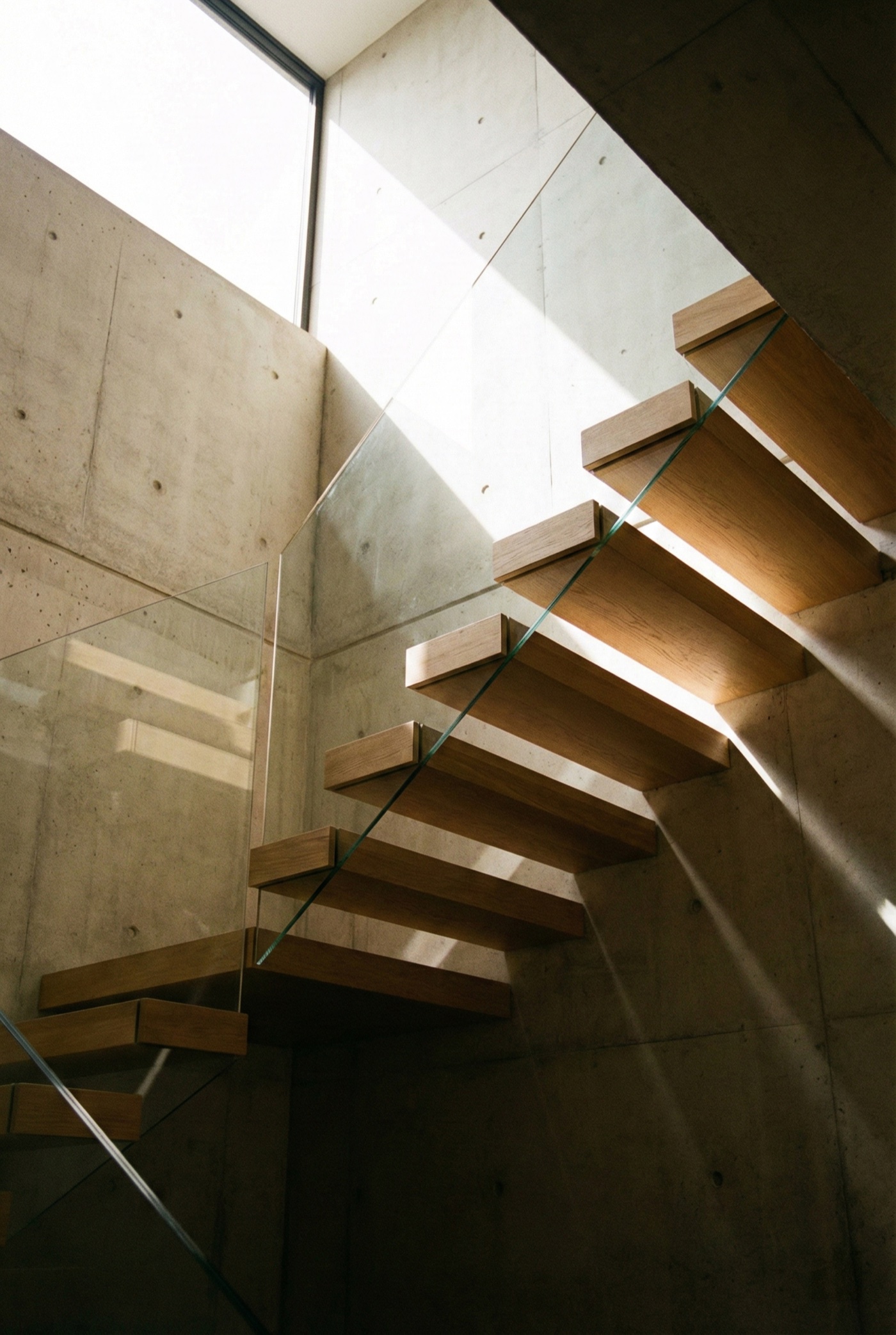 Floating timber stair treads against board-formed concrete
