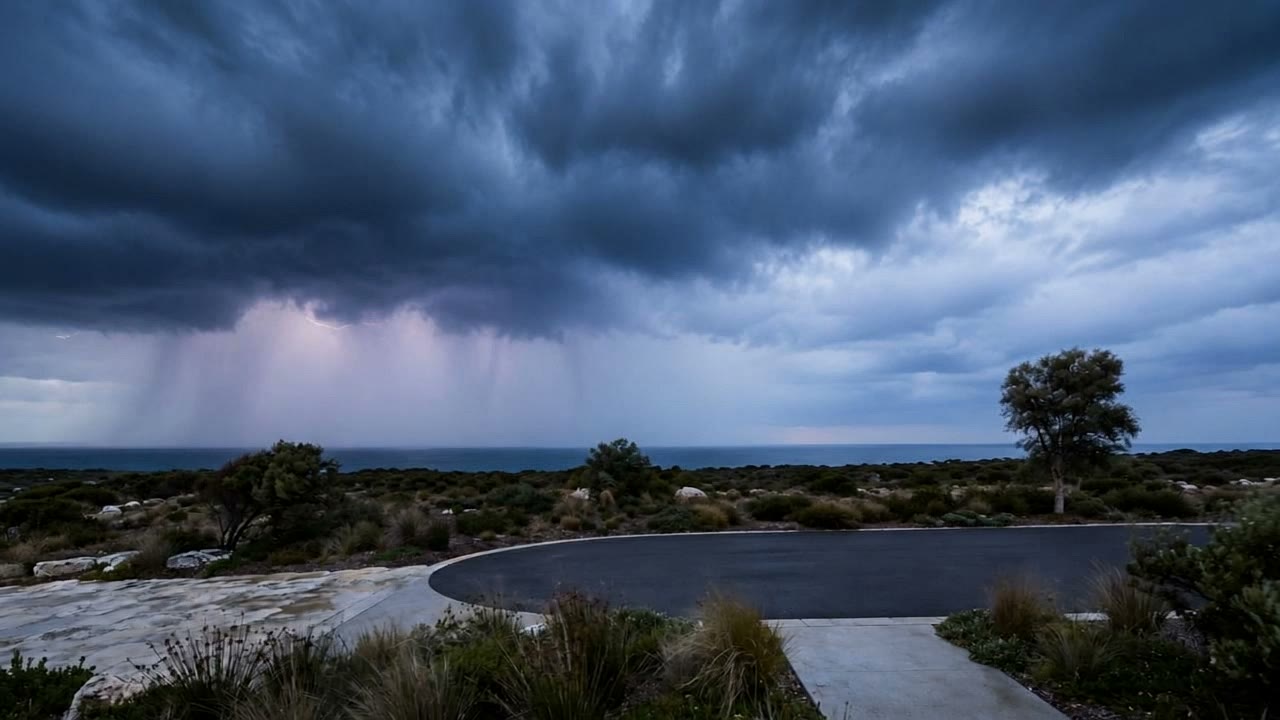 A BOWCON residence at dusk, lights on, after the storm